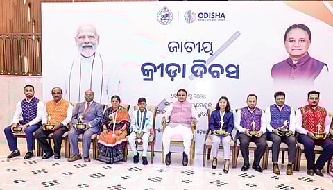 Chief Minister Mohan Majhi along with the awardees at Lok Seva Bhawan