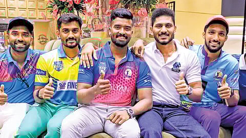 Captains Sachin Baby (Aries Kollam Sailors), Varun Nayanar (Thrissur Titans), Abdul Basith (Trivandrum Royals), Basil Thampi (Kochi Blue Tigers), Mohammad Azharuddin (Alleppey Ripples) and Rohan S Kunummal (Calicut Globestars) in Thiruvananthapuram on Friday