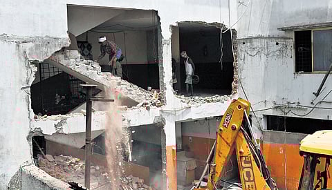 Hyderabad Disaster Response & Asset Monitoring and Protection Agency (HYDRAA) demolished a toddy compound built on a nala in Ram Nagar on Friday