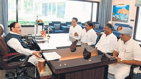 A BJP delegation led by Leader of Opposition in the Assembly R Ashoka meets party national president JP Nadda in New Delhi on Friday.