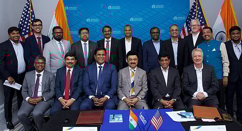 Tamil Nadu Chief Minister MK Stalin and state Industries Minister TRB Rajaa with potential investors in San Francisco on Thursday.