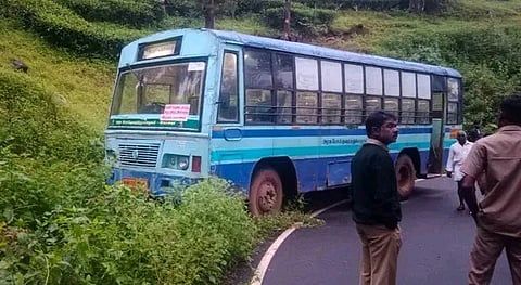 The TNSTC bus that was stolen by and parked at Devala road near Gudalur in Nilgirs district on Friday night.