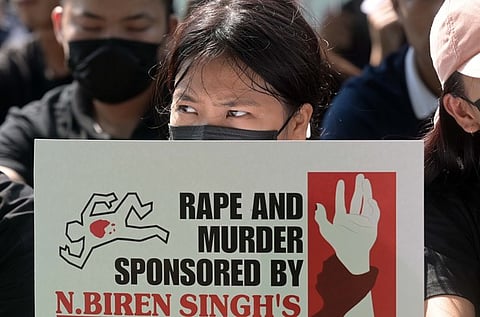Kuki Students'' Organisation members protest at Jantar Mantar against the alleged genocide campaign against the Kuki-Zo on August 2024.