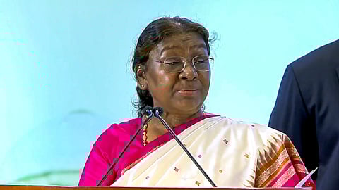 President Droupadi Murmu addresses the closing ceremony of National Conference of the District Judiciary, in New Delhi, Sunday, Sep. 1, 2024.
