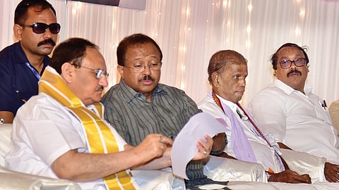 Union Minister and BJP national president J P Nadda with senior party leader
V Muraleedharan and others at an event in Palakkad on Sunday