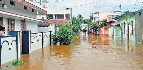 A residential area flooded in Kesamudram mandal of Mahabubabad district