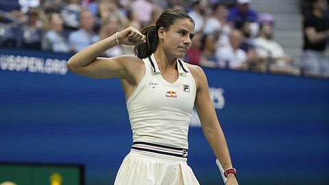 Emma Navarro reacts after beating Coco Gauff in the round of 16 at the US Open, Sunday, Sept. 1, 2024, in New York