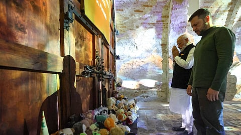 Prime Minister Narendra Modi, second right, and Ukrainian President Volodymyr Zelenskyy, right at the Martyrologist Exposition in Kyiv, Ukraine, Friday, Aug 23, 2024.