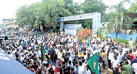 BJD workers gather in front of the block office as a mark of protest