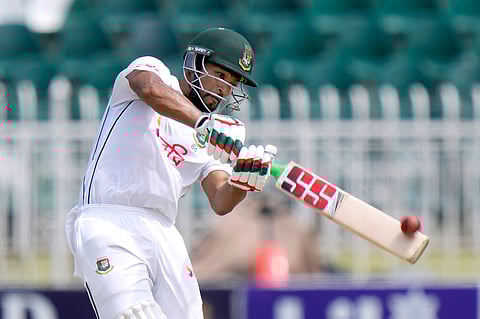 Bangladesh's Najmul Hossain Shanto plays a shot during the fifth day of second Test against Pakistan in Rawalpindi (Photo | AP)