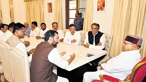 A delegation of Congress leaders, led by MLC Saleem Ahmed, meet Governor Thaawarchand Gehlot at Raj Bhavan in Bengaluru on Tuesday
