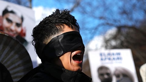 People protest against executions and detentions in Iran, in front of the Iranian Permanent Mission to the UN in New York City.