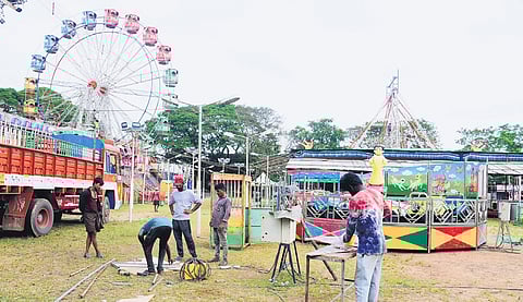 Preparations under way at the Tripunithura Government HSS ground for ‘Athachamayam’, which will be held on September 6