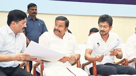 Udhayanidhi Stalin at a review meeting with MP Dayanidhi Maran and ministers K N Nehru and P K Sekarbabu at Amma Malligai on Wednesday