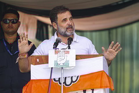 Leader of Opposition in Lok Sabha and Congress MP Rahul Gandhi addresses a public meeting ahead of Jammu and Kashmir Assembly elections, in Ramban, Jammu, Wednesday, Sept. 4, 2024.