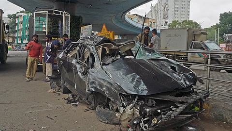 The mangled remains of the car that fell off the Yeshwanthpur flyover.