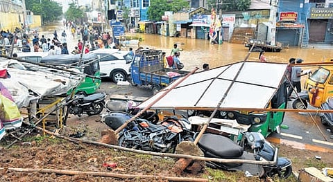 The property damage was visible at Ajit Singh Nagar in Vijayawada on Wednesday after the floodwater level receded