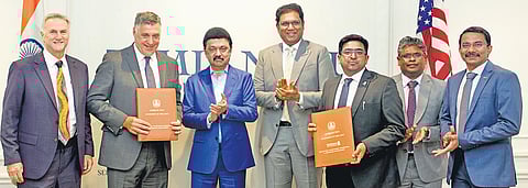 CM MK Stalin during the MoU signing in Chicago, with Industries Minister TRB Rajaa and Trilliant’s Chief Commercial Operations Officer Mike Mortimer