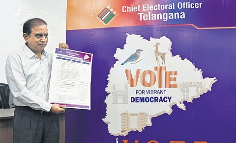 Telangana Chief Electoral officer
C Sudharshan Reddy releases the poster of special summary revision (SSR 2025) of photo electoral rolls during a media conference in Hyderabad
on Thursday