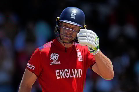 England's captain Jos Buttler reacts after scoring fifty runs during the ICC Men's T20 World Cup cricket match between the United States and England.
