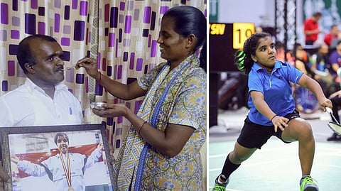 Parents of Nithya Sre Sivan celebrating their daughter’s victory .