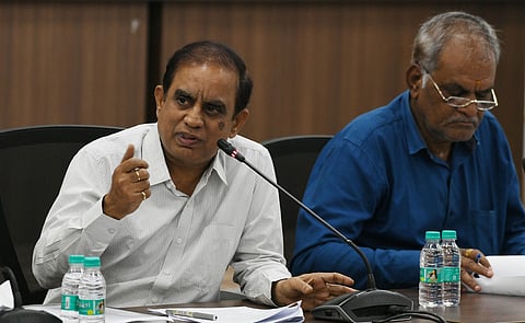 Telangana Chief Electoral officer C Sudharshan Reddy addressing media during a press conference in Hyderabad