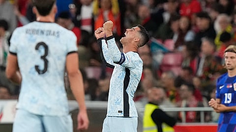 Portugal's Cristiano Ronaldo celebrates after scoring his side's second goal during the UEFA Nations League soccer match between Portugal and Croatia at the Luz stadium in Lisbon.