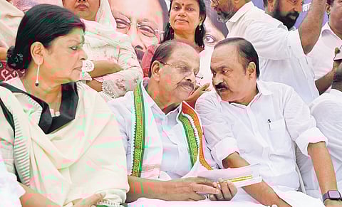 AICC general secretary in-charge of Kerala Deepa Dasmunsi, state Congress president K Sudhakaran and Leader of Opposition V D Satheesan during the KPCC’s protest march to the Secretariat