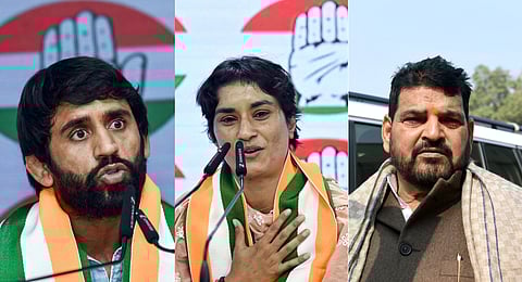 Wrestlers Bajrang Punia (L) and Vinesh Phogat (C) join the Congress on Friday; (R) Ex-WFI chief and BJP leader Brij Bhushan Sharan Singh.