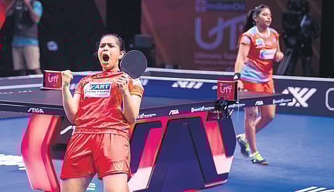 Diya Chitale of Dabang Delhi TTC celebrates after beating Reeth Rishya of Ahmedabad SG Pipers in the UTT 2024 semifinals in Chennai on Friday