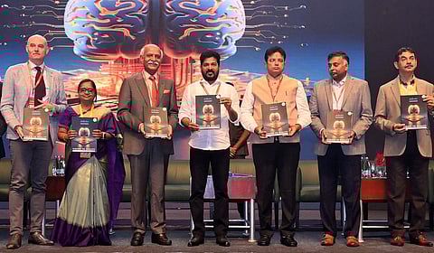 Chief Minister A Revanth Reddy during the global AI Summit at HICC in Hyderabad on Thursday