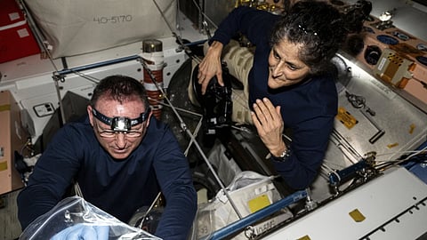 In this photo provided by NASA, astronauts Butch Wilmore and Indian-origin Sunita Williams inspect safety hardware aboard the International Space Station on Aug 9, 2024.