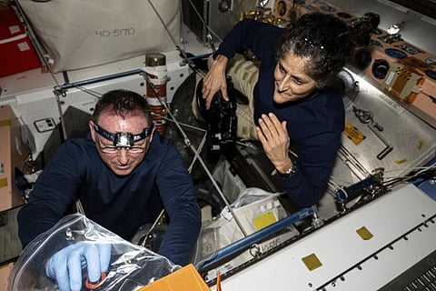 In this photo provided by NASA, astronauts Butch Wilmore and Indian-origin Sunita Williams inspect safety hardware aboard the International Space Station on Aug 9, 2024.