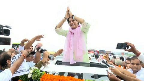 Congress candidate Vinesh Phogat during an election campaign for the upcoming Haryana elections, in Julana