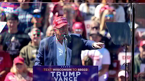 Republican presidential nominee former President Donald Trump speaks during a campaign event at Central Wisconsin Airport.