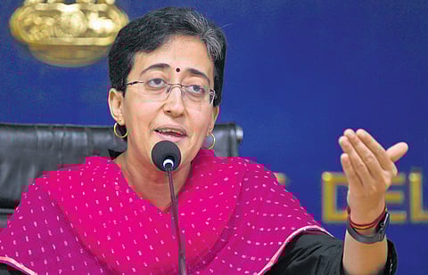 Delhi Finance Minister Atishi at a press conference on Sunday