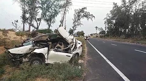 Family of five including two children dies in a road mishap after ramming into a bus which was halted in midway near Pirapanvalasai in Ramanathapuram on Sunday.