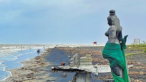 The idol of Goddess Krishnaveni located at the confluence of the Krishna River and the Bay of Bengal in Hamsaladeevi, Avanigadda Mandal, is at risk of submergence due to floods.