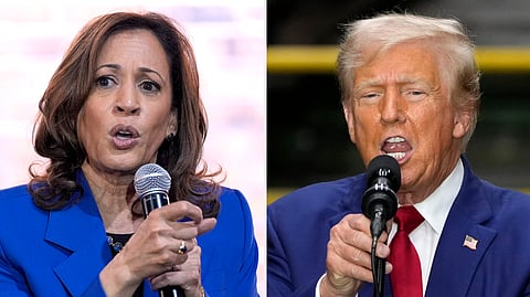 In this combination of photos taken in Pennsylvania, Democratic presidential nominee Vice President Kamala Harris speaks at a campaign event, Aug. 18, 2024, in Rochester, left, and Republican presidential nominee former President Donald Trump speaks during a campaign event, Aug. 19, 2024, in York.