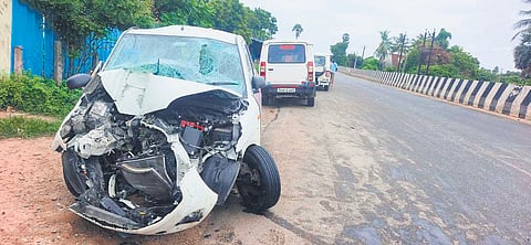 Mangled remains of the car after the accident near Red Hills on Sunday