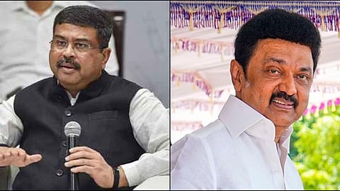 Education Minister Dharmendra Pradhan (R), Tamil Nadu Chief Minister MK Stalin (L)