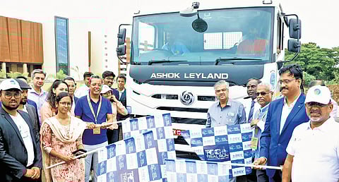 The third tech trial run of electric vehicles from Chennai to Tiruchy was flagged off at the Chennai Trade Centre on Monday