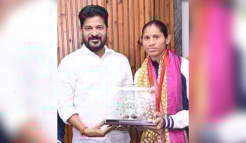Chief Minister A Revanth Reddy felicitates Deepthi Jeevanji, who won bronze medal in the Women’s 400m T20 event at the Paralympic Games in Paris, on Saturday