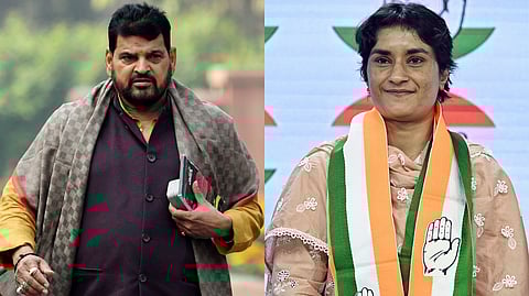 A collage of BJP leader Brij Bhushan Sharan Singh (L) and Congress candidate Vinesh Phogat.