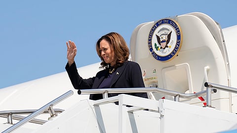 Democratic presidential nominee Vice President Kamala Harris arrives in Pittsburgh International Airport, in Coraopolis, Pa., Thursday, Sept. 5, 2024.