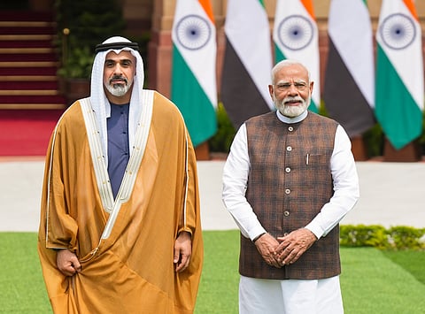 Prime Minister Narendra Modi with Abu Dhabi's Crown Prince Sheikh Khaled bin Mohamed bin Zayed Al Nahyan before meeting at the Hyderabad House in New Delhi (Photo | PTI)