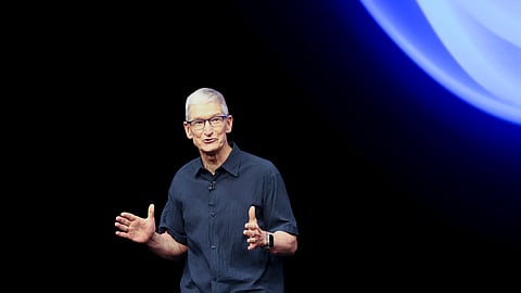 Apple CEO Tim Cook talks on the stage during an announcement of new products at Apple headquarters Monday, Sept. 9, 2024, in Cupertino, California.
