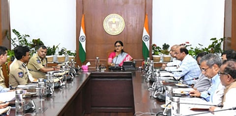 Chief Secretary Santhi Kumari heads a meeting with officials on Telangana Praja Palana Dinothsavam at Secretariat