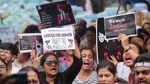 Junior doctors during their protest over the RG Kar Hospital rape and murder incident, near Swasthya Bhawan, in Kolkata