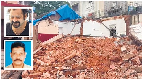 The house that was being demolished at Karangalpady in Mangaluru on Thursday. Inset: Victims James Samuel Jathanna (top) and Edwin Herald Maben.